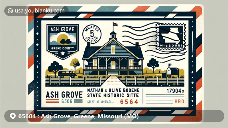 Modern illustration of Ash Grove, Greene County, Missouri, showcasing Nathan and Olive Boone Homestead State Historic Site, postal theme with ZIP code 65604, featuring Missouri state flag, mailbox, and mail van.