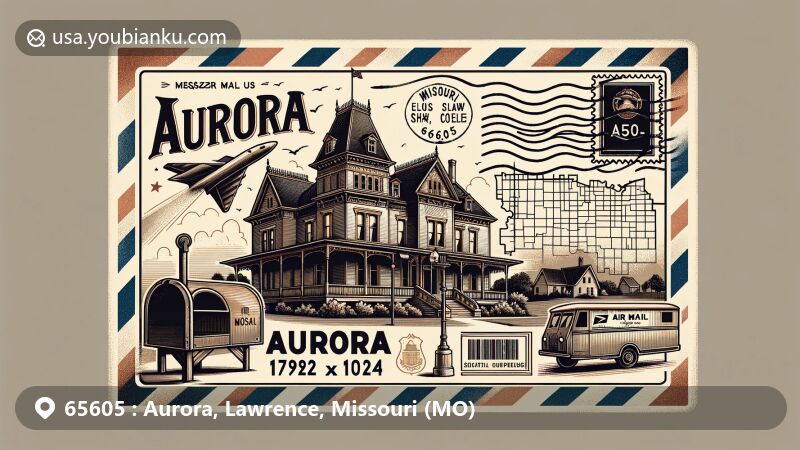 Modern illustration of Lewis Shaw Coleman House and Aurora city, featuring ZIP Code 65605 and postal elements in air mail envelope design.