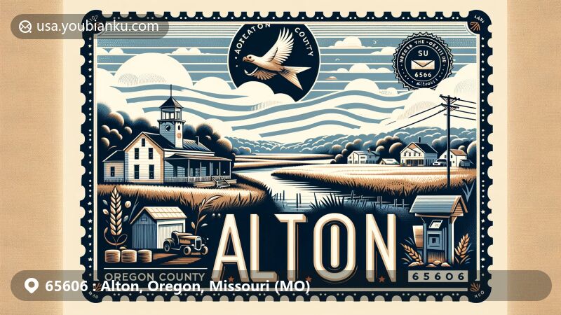 Modern illustration of Alton, Oregon County, Missouri, highlighting postal theme with ZIP code 65606, showcasing rural and cultural essence as the county seat, featuring local community symbols and postal elements.