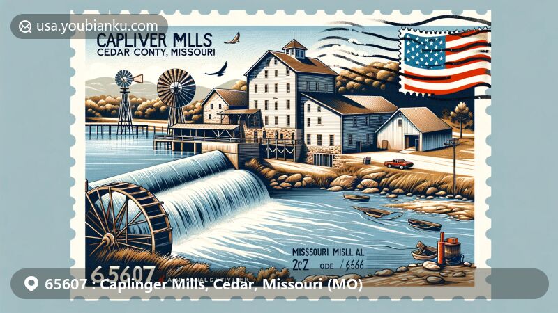 Modern illustration of Caplinger Mills, Cedar County, Missouri, incorporating historic mill and dam, postcard theme with air mail envelope and stamp, ZIP code 65607, state flag, and American symbols.