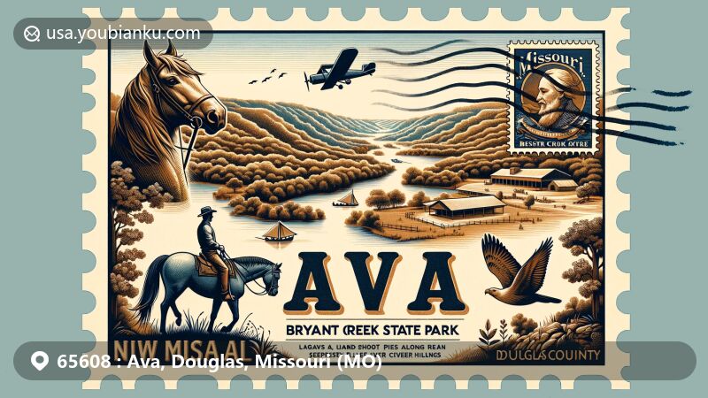 Modern illustration of Ava, Missouri, Douglas County, highlighting postal theme with ZIP code 65608, featuring Bryant Creek State Park's natural landscape, Missouri Fox Trotter horse, and Mark Twain National Forest.
