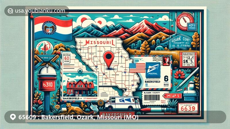 Modern illustration of Bakersfield area, Ozark County, Missouri, emphasizing '65609' ZIP code, showcasing Ozark mountains, Missouri state flag symbol, and Bakersfield location. Includes postal elements like stamp, postmark, mailbox, and postal van.
