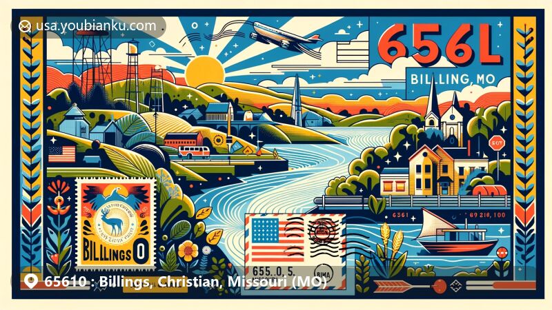 Modern illustration of Billings, Missouri, showcasing postal theme with ZIP code 65610, featuring Christian County map outline and iconic natural landscapes. Includes air mail envelope, stamps, and postmarks.