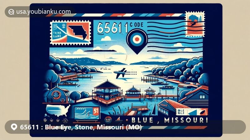 Modern illustration of Blue Eye, Missouri, Stone County, featuring Table Rock Lake and postal elements, incorporating a postcard theme with ZIP code 65611.