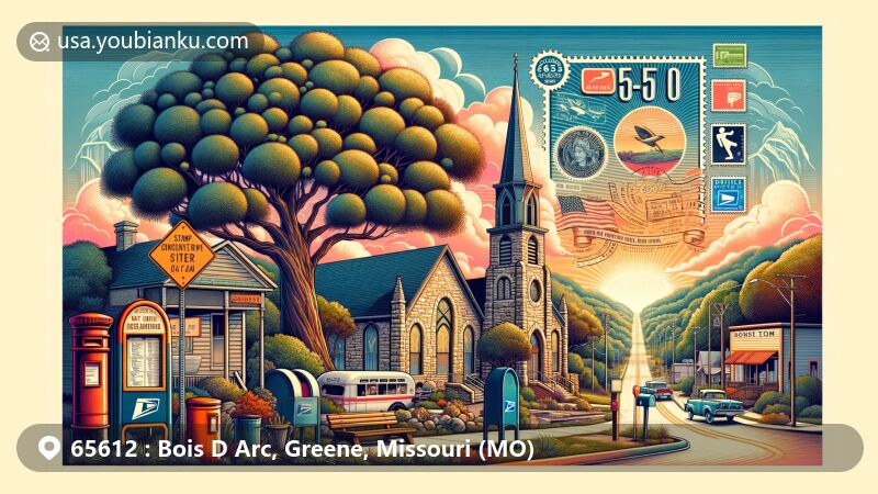 Modern illustration of Bois D Arc, Greene County, Missouri, featuring postal theme with ZIP code 65612, showcasing Osage Orange tree symbolism, historical stone structures, vintage post office, antique mailbox, postal stamps, and rural charm against a backdrop representing Missouri's countryside.