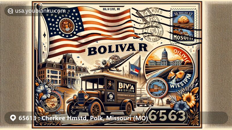 Vivid illustration of Bolivar, Missouri, focusing on the 65613 postal code area, featuring a decorative airmail envelope and iconic landmarks.