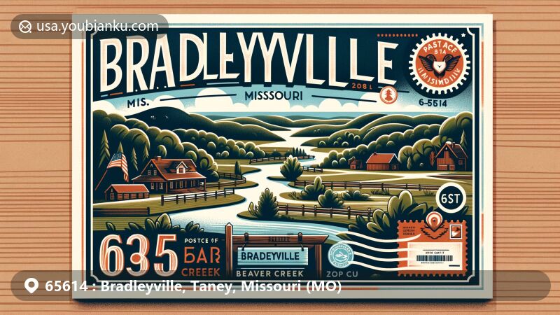 Modern illustration of Bradleyville, Taney County, Missouri, depicting rural charm and scenic beauty with ZIP code 65614, showcasing Beaver Creek and local history.