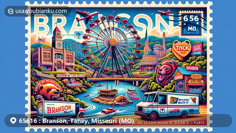 Modern illustration of Branson, Missouri area with zipcode 65616, featuring Branson Ferris Wheel, Ripley’s Believe It or Not Odditorium, Shepherd of the Hills Adventure Park, College of the Ozarks, Track Family Fun Parks, Talking Rocks Cavern, and Lake Taneycomo.