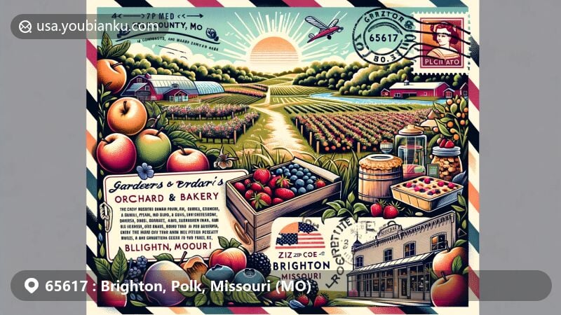 Modern illustration of Brighton, Polk County, Missouri, showcasing postal theme with ZIP code 65617, featuring Gardener's Orchard & Bakery and agricultural elements like apple trees, peaches, blackberries, and bakery.