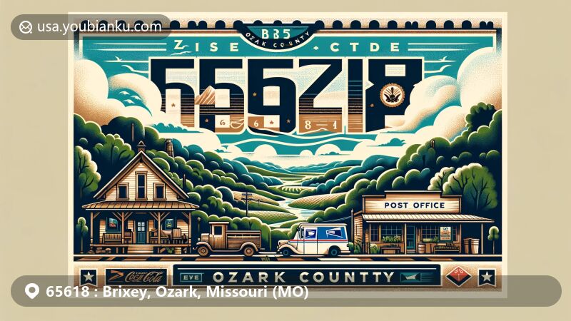 Modern illustration of Brixey, Ozark County, Missouri, blending rural landscapes, historical elements like the old store building and post office, with symbols of postal elements and vintage postal stamp featuring ZIP code 65618.
