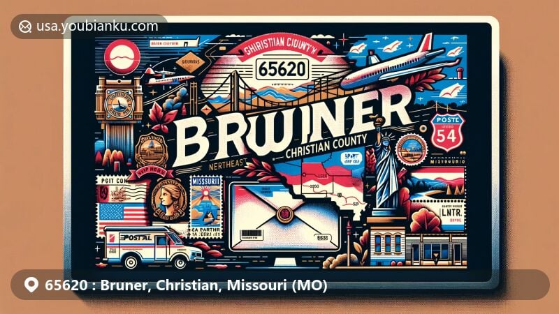 Modern illustration of Bruner, Christian County, Missouri, showcasing postal theme with ZIP code 65620, featuring state symbols and vintage air mail elements.