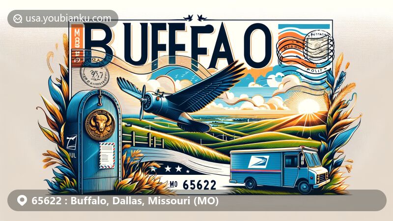 Modern illustration of Buffalo, Dallas County, Missouri, showcasing postal theme with ZIP code 65622, featuring airmail envelope, Missouri state flag, and vintage postal van.