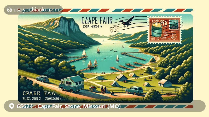 Modern illustration of Cape Fair, Missouri, showcasing postal theme with ZIP code 65624, featuring Table Rock Lake and outdoor activities.