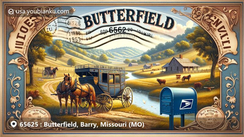 Modern illustration of Butterfield, Missouri, showcasing historical postal elements with a vintage Overland Mail stagecoach and modern postal features like a blue mailbox and mail items, set against the backdrop of Missouri's countryside.