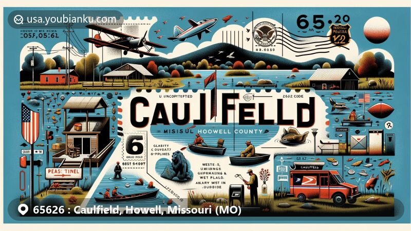 Modern illustration of Caulfield community, Howell County, Missouri, embodying postal theme with ZIP code 65626, integrating symbols of Caulfield and its surroundings, showcasing geographical location of this unincorporated community, highlighting proximity to U.S. Highway 160 and Missouri Route 101, and adjacency to West Plains and Ozark County line.