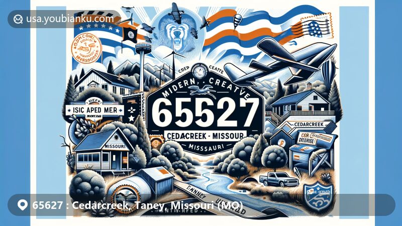 Modern illustration of Cedarcreek, Taney County, Missouri, capturing postal theme with ZIP code 65627, showcasing airmail envelope, stamps, postmark, and Missouri state symbols.