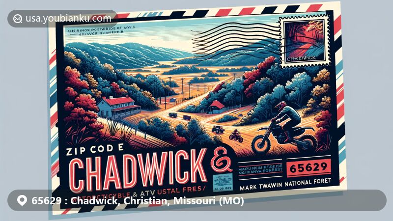 Modern illustration of Chadwick, Christian County, Missouri, highlighting the unique geographical setting in the Ozarks with rolling hills, dense forests, and trails. Design features postal theme with ZIP code 65629.