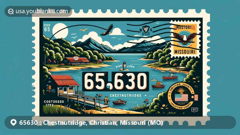 Modern illustration of Chestnutridge, Missouri, displaying ZIP code 65630, highlighting Ozark Mountains and small-town community, featuring postal elements with postage stamp and postmark.