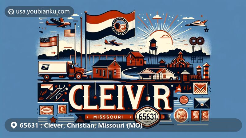 Modern illustration of Clever, Missouri, showcasing postal theme with ZIP code 65631, featuring Missouri state flag and typical Midwestern town landscape silhouette.