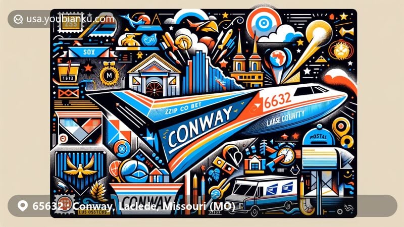 Modern illustration of Conway, Laclede County, Missouri, focusing on postal theme with ZIP code 65632, featuring state symbols, community spirit, and postal motifs.