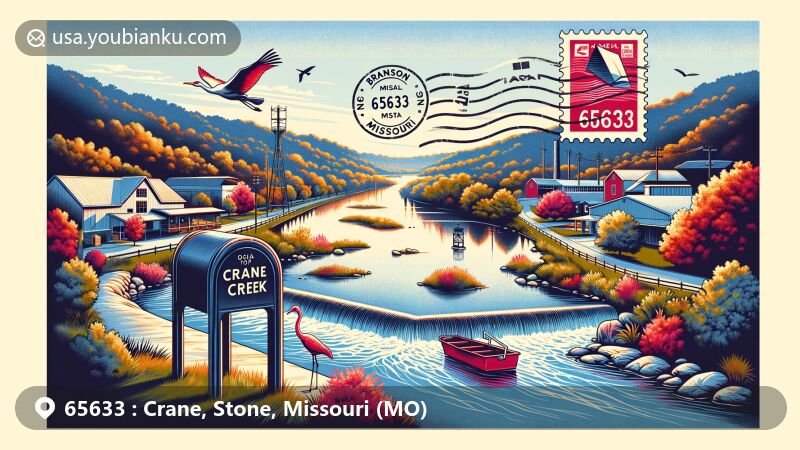 Modern illustration of Crane, Missouri, showcasing postal theme with ZIP code 65633, featuring Crane Creek natural beauty and Branson, Missouri connection.