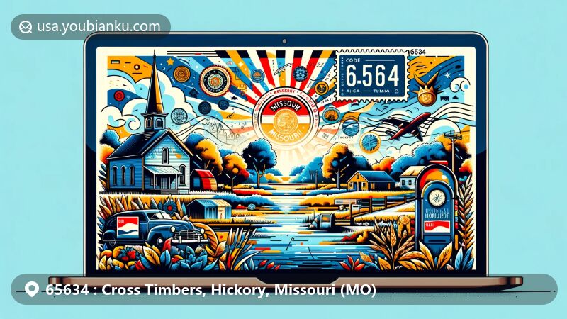 Modern illustration of Cross Timbers, Hickory County, Missouri, featuring postal theme with ZIP code 65634, showcasing landscapes and state symbols.