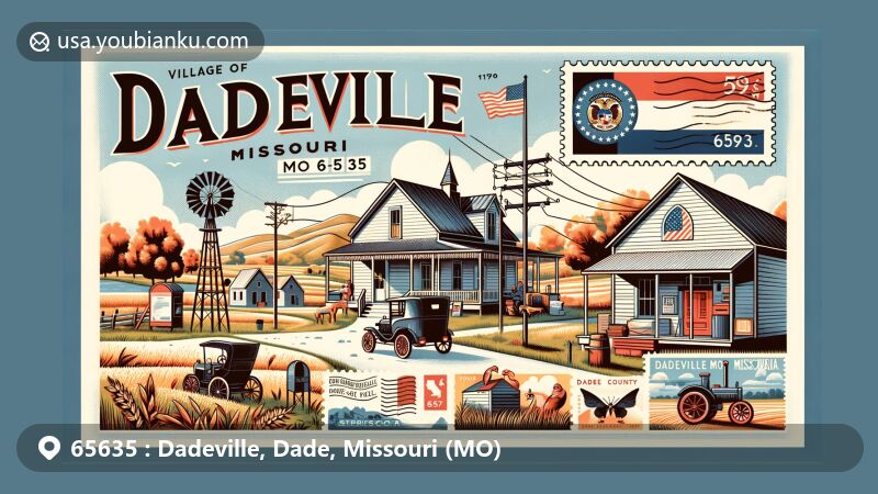 Modern illustration of Dadeville, Missouri, showcasing postal theme with ZIP code 65635, featuring Missouri state flag, Dade County outline, and rural life reflections.
