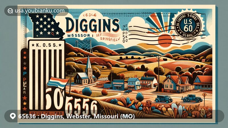 Modern illustration of Diggins, Missouri, reflecting the village's rural charm and connection to U.S. Route 60, highlighting the Ozark landscape and postal theme with ZIP code '65636'.