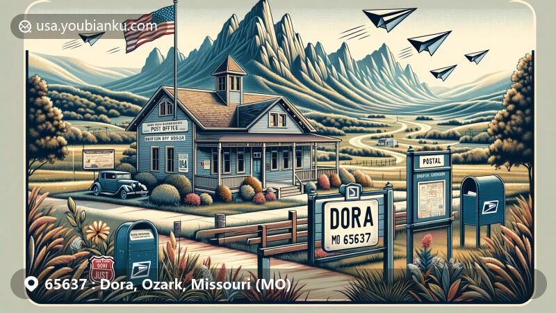 Modern illustration of Dora, Ozark County, Missouri, featuring postal theme with ZIP code 65637, showcasing natural beauty of Ozark Mountains and vintage post office.