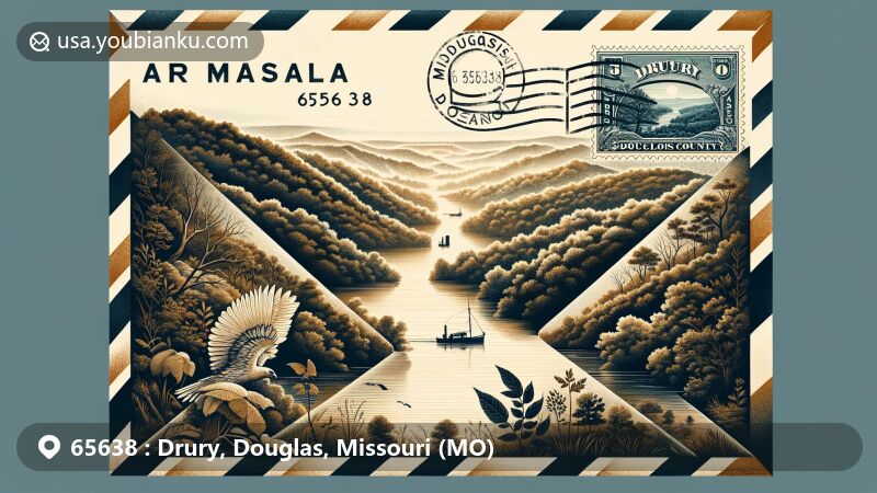 Modern illustration of Drury, Douglas County, Missouri, showcasing postal theme with ZIP code 65638, featuring natural beauty of rivers, wooded areas, and rolling hills, vintage stamp with Drury, MO designation, postmark, Missouri state flag, and Douglas County outline.