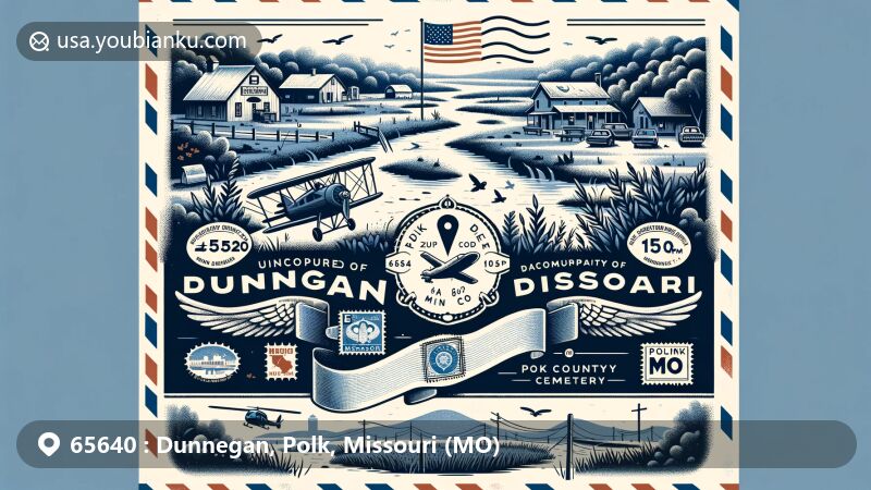 Modern illustration of Dunnegan, Polk County, Missouri, featuring airmail envelope with 65640 ZIP code and Dunnegan, MO postmarks, showcasing Missouri state symbols and rural landscape elements.