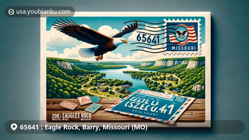 Modern illustration of Eagle Rock, Missouri, featuring Table Rock Lake and local wildlife, integrating elements of tranquil green landscapes and blue waters. Postal theme element with ZIP Code 65641, Missouri state flag, airmail envelope, and vintage eagle stamp.