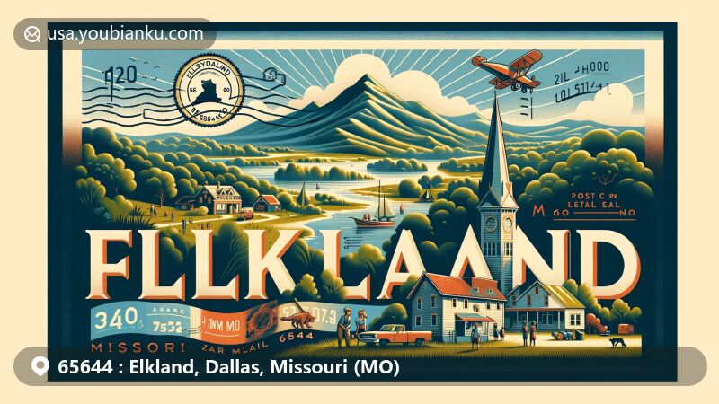 Modern illustration of Elkland, Missouri, with ZIP code 65644, featuring postcard theme and scenic Missouri landscapes, showcasing outdoor activities like fishing, camping, and hiking.