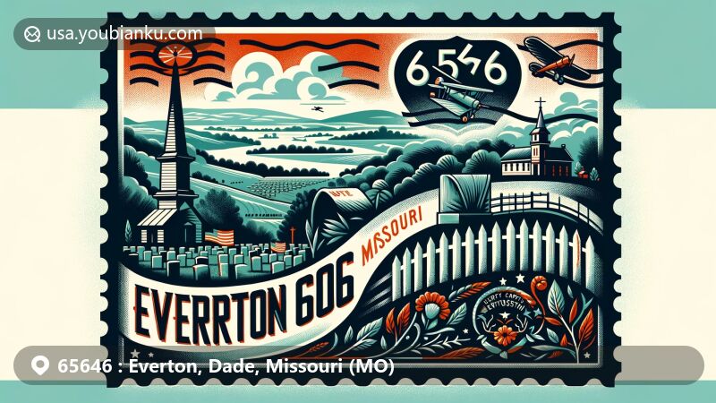 Modern wide-format illustration of Everton, Missouri area with ZIP code 65646, featuring Liberty Cemetery, Ozark's rolling hills, and vintage postal theme with Missouri state symbols.