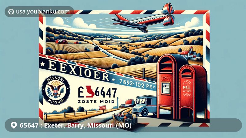 Modern illustration of Exeter, Barry, Missouri, showcasing postal theme with ZIP code 65647, featuring Missouri's natural beauty of rolling hills, farmland, and serene sky.