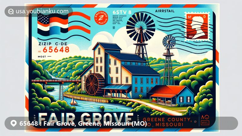 Modern illustration of Fair Grove, Greene County, Missouri, blending regional and postal themes with iconic Wommack Mill against lush landscapes.