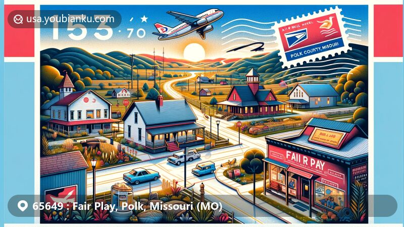 Modern illustration of Fair Play, Polk County, Missouri, blending rural and community aspects, featuring intersection of Missouri routes 32 and 123, with air mail envelope, stamps, and ZIP code 65649, capturing small town charm.