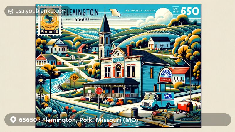 Modern illustration of Flemington, Polk County, Missouri, highlighting postal theme with ZIP code 65650, featuring vintage postal elements and rural charm.