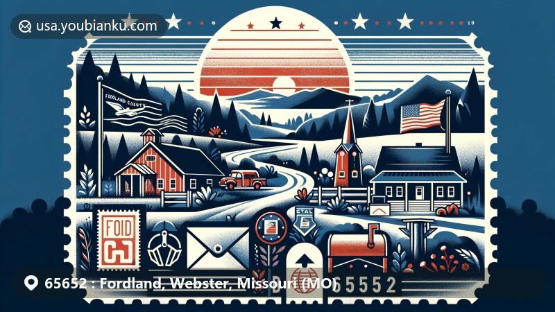 Modern illustration of Fordland, Webster County, Missouri, featuring a creative blend of local area elements and postal themes, showcasing the rural landscape, Fordland R-III School District, vintage postal stamp, mailbox, and diverse community, with a focus on ZIP code 65652.