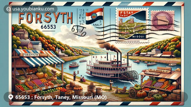 Modern illustration of Forsyth, Taney County, Missouri, showcasing postal theme with ZIP code 65653, featuring Missouri state flag, Taney County outline, and local symbols like steamboats, Local Harvest Farmers' Market, and vintage postal elements.