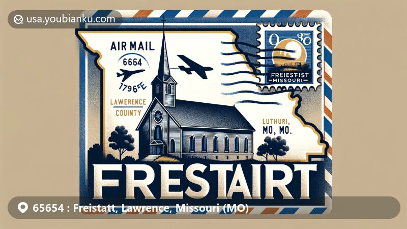 Modern illustration of a beautifully designed airmail envelope, featuring the outline of Missouri and highlighting Freistatt in Lawrence County. Trinity Lutheran Church's silhouette in the background symbolizes the village's German heritage and historical significance.