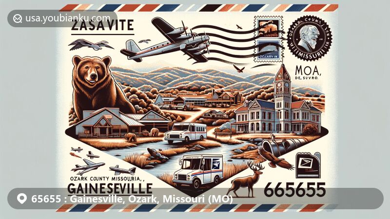 Modern illustration of Gainesville, Ozark County, Missouri, highlighting natural landscapes, historical allure, and postal themes with ZIP code 65655. Features Caney Mountain Conservation Area, Ozark County Courthouse, airmail envelope motif with postal symbols.