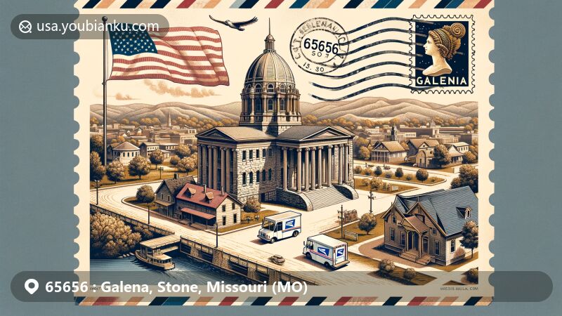 Modern illustration of Stone County Courthouse in Galena, Missouri, showcasing historic landmark with Classical Revival architecture, Missouri State Flag, postal elements, and subtle James River representation.