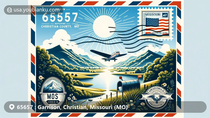 Modern illustration of Garrison, Christian County, Missouri, with postal theme for ZIP code 65657, showcasing scenic landscape, Missouri state flag, and vintage air mail envelope.