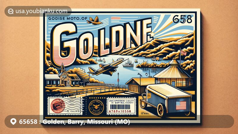 Modern illustration of Golden, Missouri, highlighting postal theme with ZIP code 65658, featuring Table Rock Lake and local symbols.