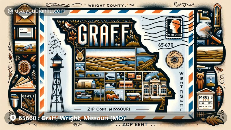 Modern illustration of Graff, Wright County, Missouri, highlighting ZIP code 65660 with stylish postcard design and postal motifs like vintage stamps of Missouri's state bird and flower.