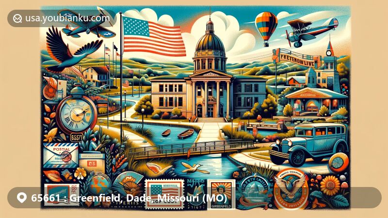 Modern illustration of Greenfield, Missouri, showcasing postal theme with ZIP code 65661, featuring local landmarks like Greenfield City Park, Dade County Courthouse, Veterans Memorial, Stockton Lake, and vintage postal elements.