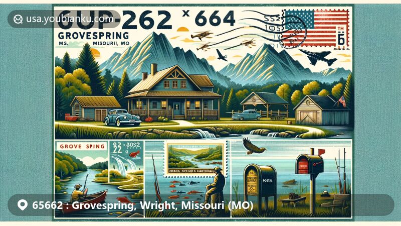 Modern illustration of Grovespring, Missouri, showcasing rural charm with ZIP code 65662, highlighting natural beauty and outdoor activities in the Ozark Mountains region.