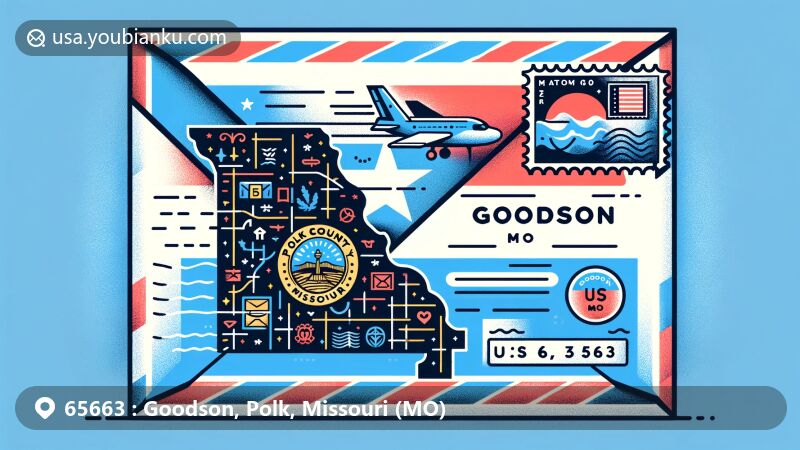 Modern illustration of Goodson, Polk County, Missouri, featuring postal theme with ZIP code 65663, showcasing Missouri state flag and Polk County map outline.