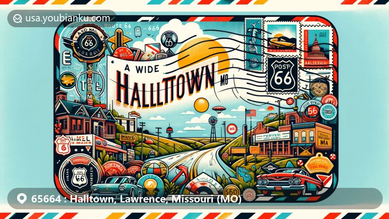 Modern illustration of Halltown, Lawrence County, Missouri, highlighting postal theme with ZIP code 65664, featuring 'Halltown, MO' and US Route 66 sign on an airmail envelope or postcard background.